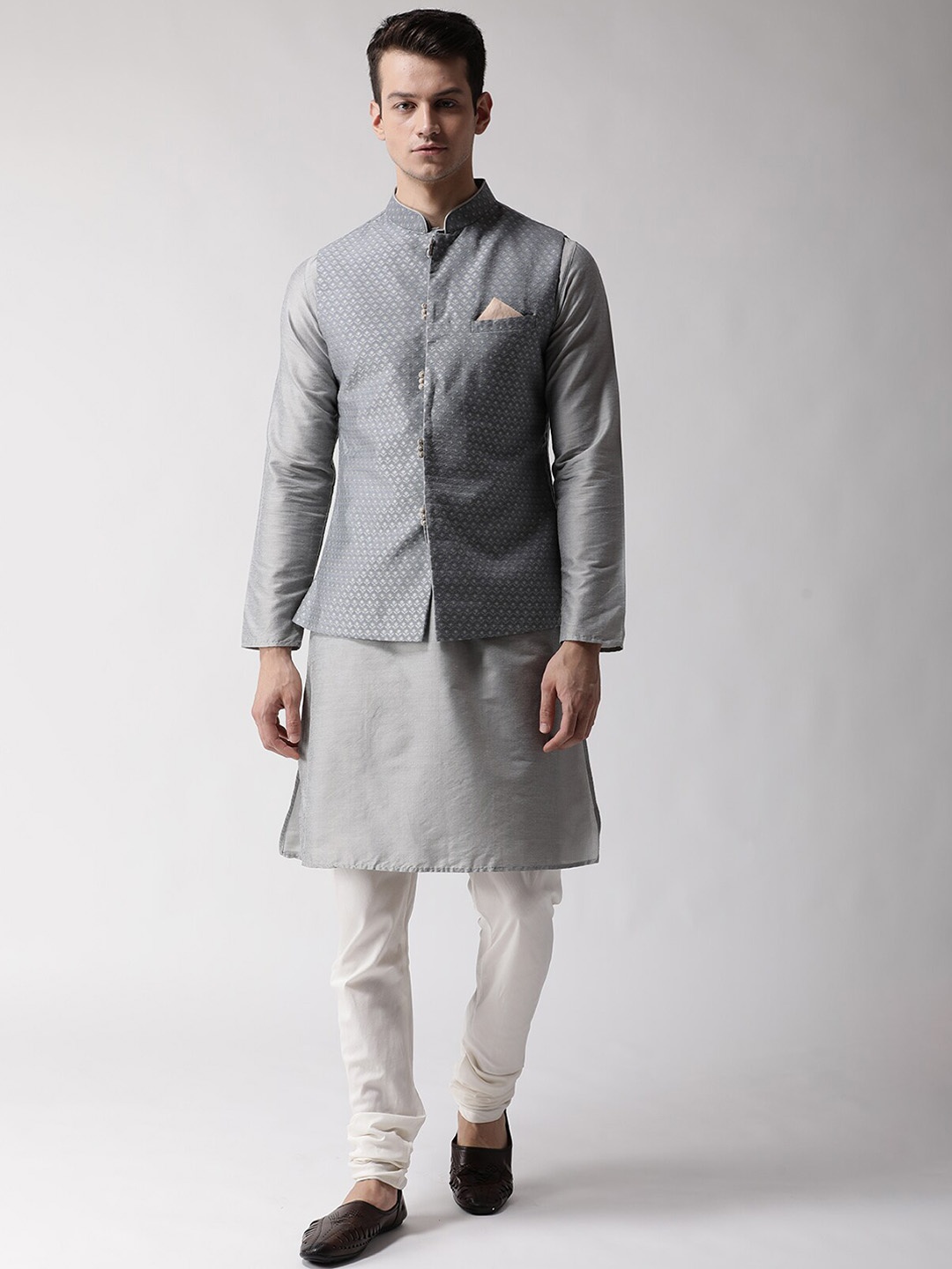 

KISAH Mandarin Collar Regular Straight Kurta With Churidar & Nehru Jacket, Grey