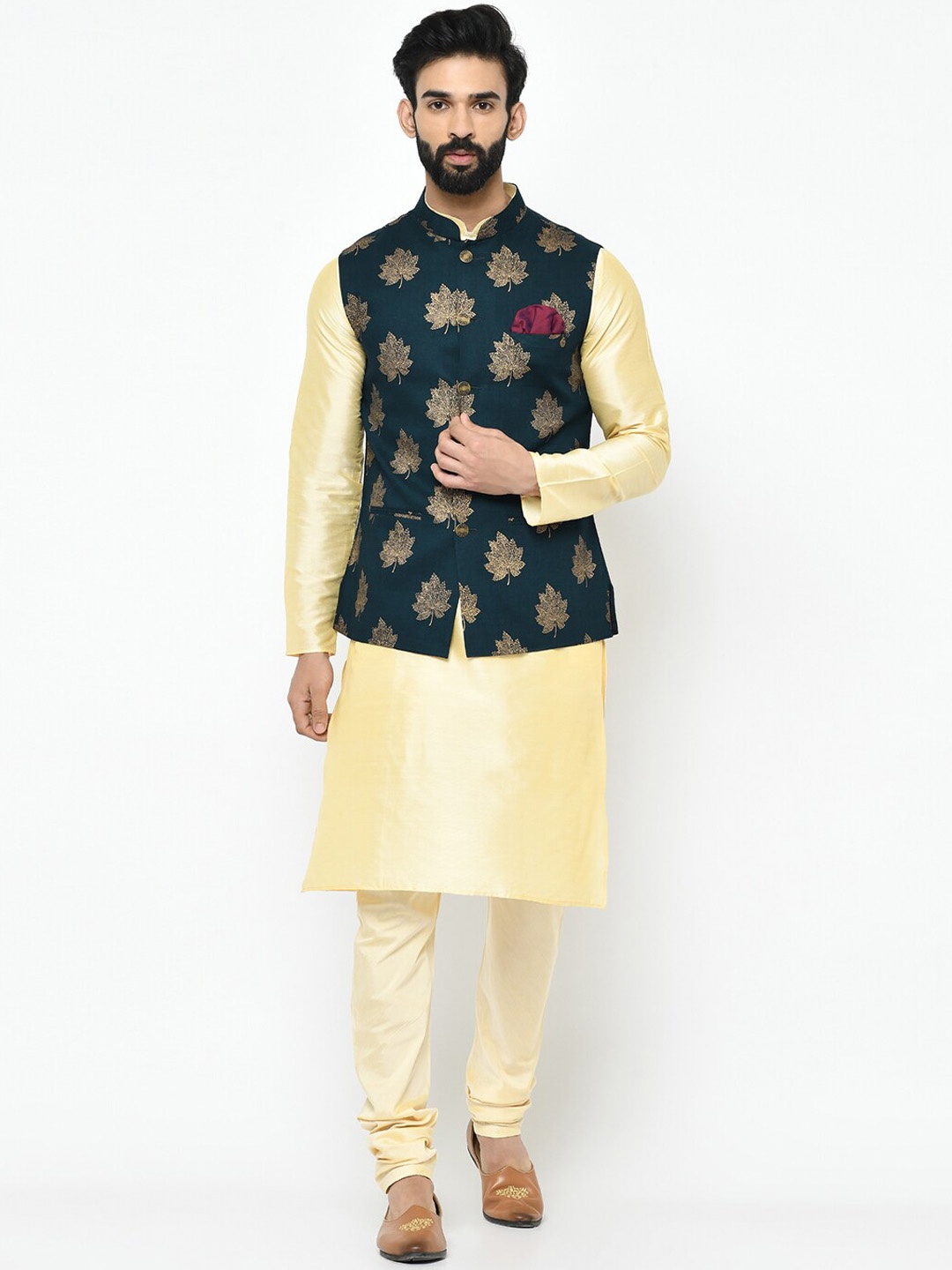 

KISAH Mandarin Collar Regular Kurta with Churidar with Printed Nehru Jacket, Cream