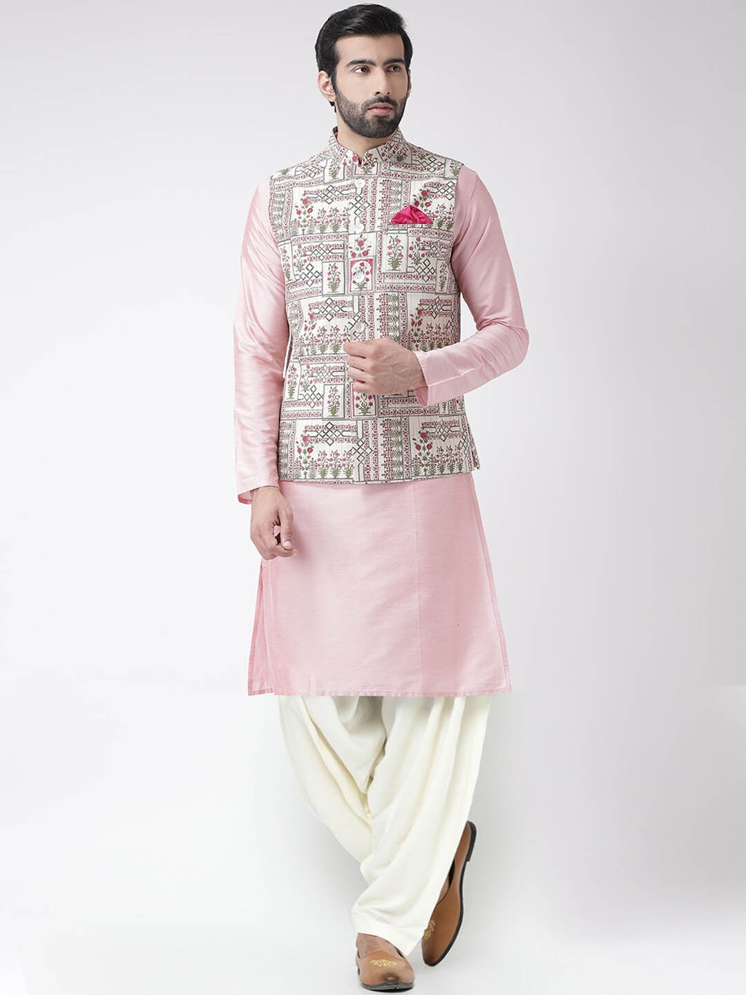 

KISAH Men Regular Fit Printed Kurta Jacket Patiyala Set, Pink