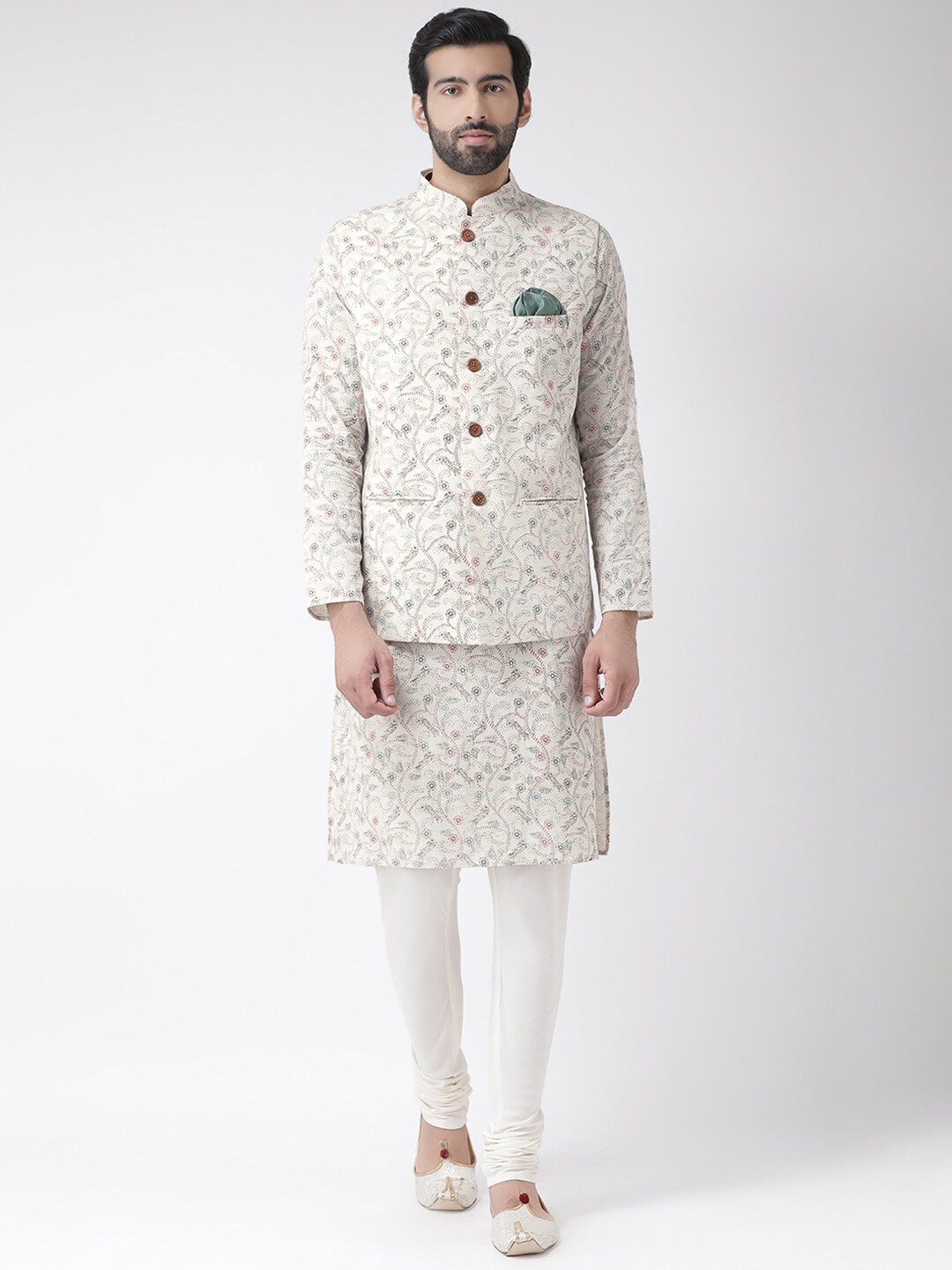 

KISAH Men Kantha Printed Regular Fit Kurta Jacket Churidar Set, Off white