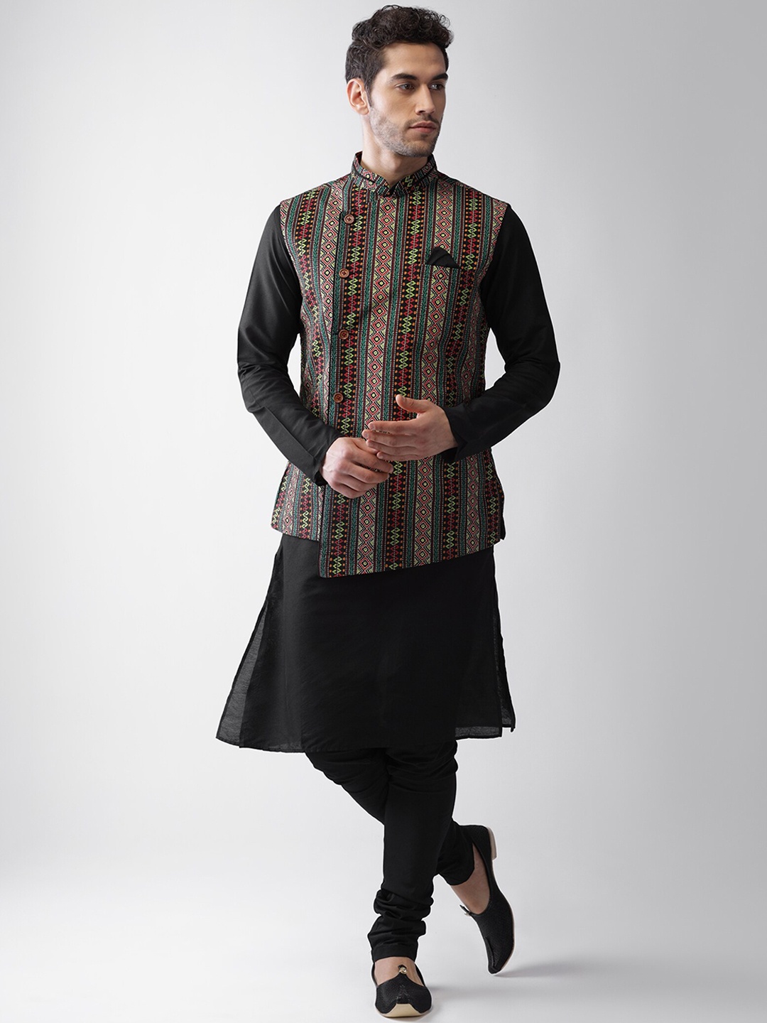 

KISAH Mandarin Collar Kurta with Churidar with Printed Nehru Jacket, Black