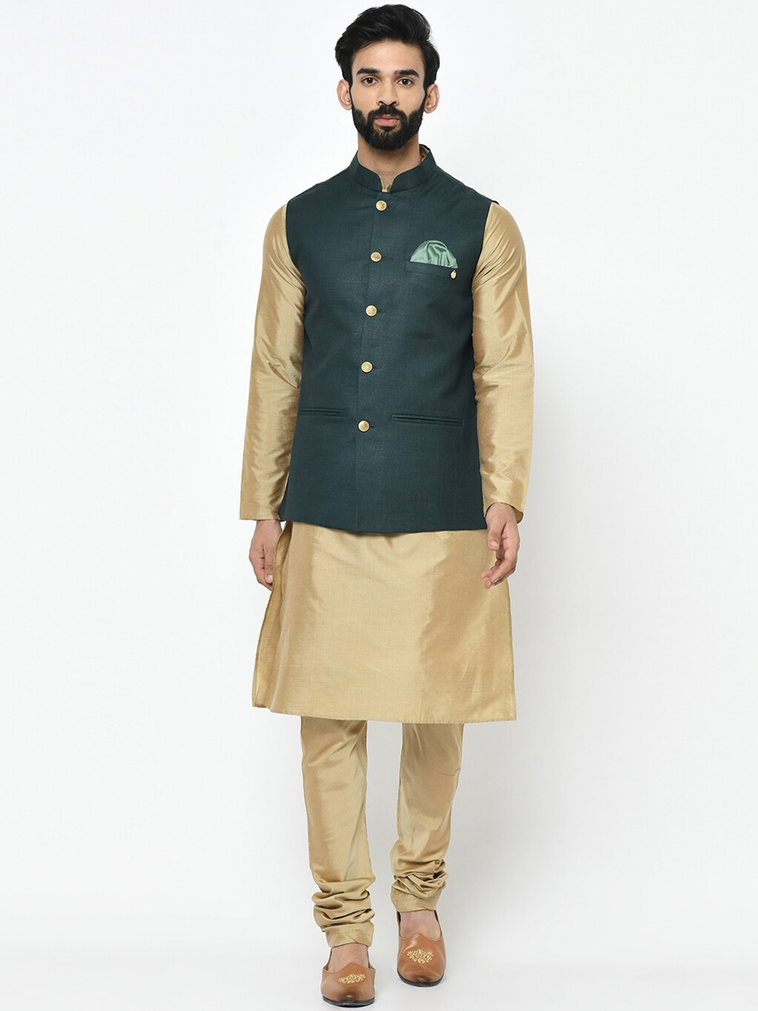 

KISAH Mandarin Collar Kurta with Churidar & Nehru Jacket, Beige