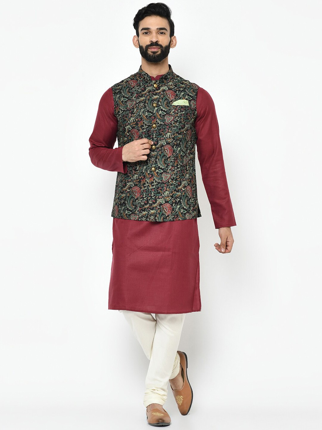 

KISAH Mandarin Collar Regular Pure Cotton Kurta with Churidar with Printed Nehru Jacket, Maroon
