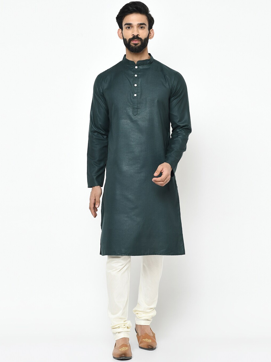 

KISAH Men Regular Fit Solid Kurta Jacket Churidar Set, Green