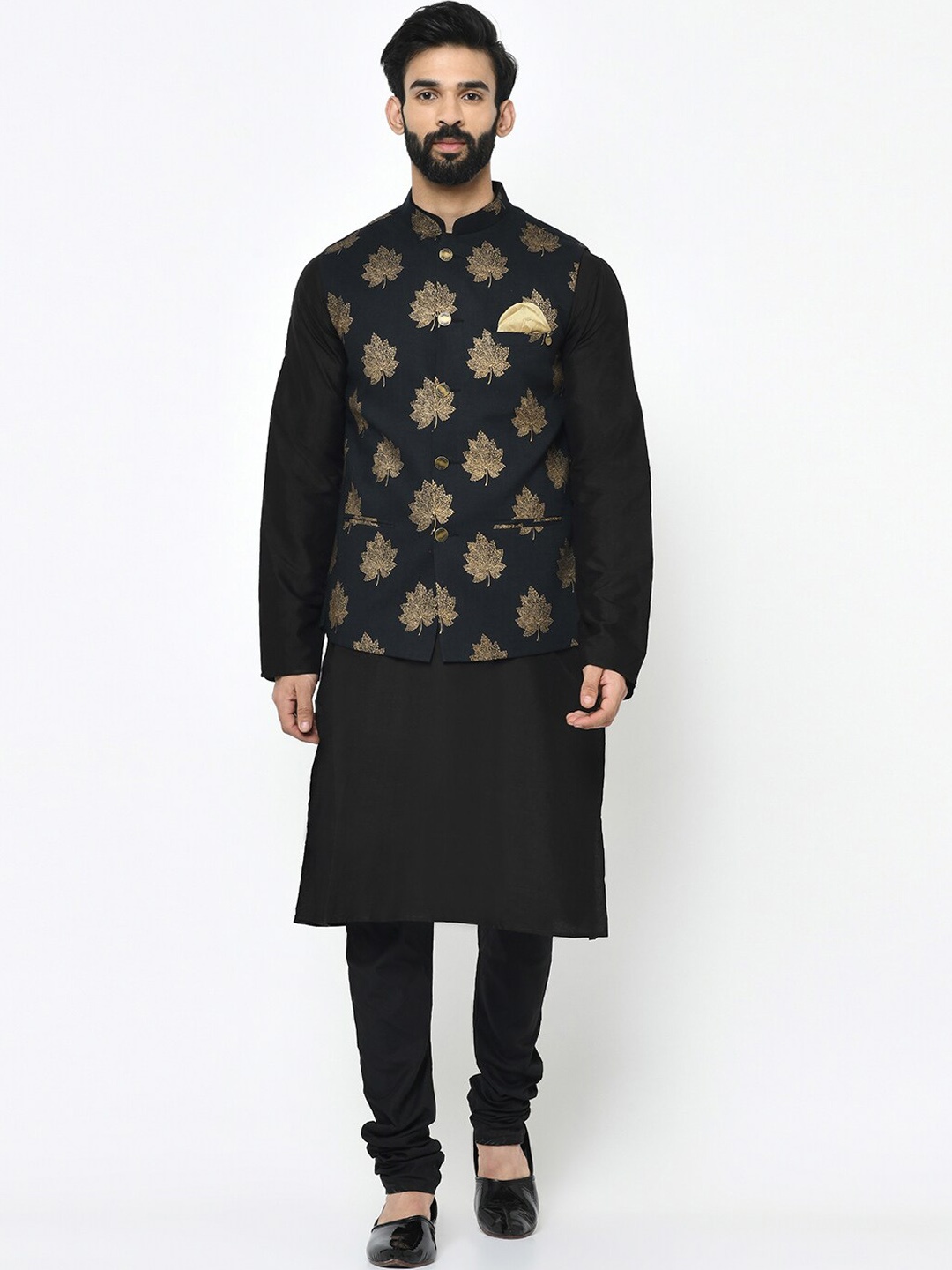 

KISAH Mandarin Collar Kurta with Churidar & Nehru Jacket, Black