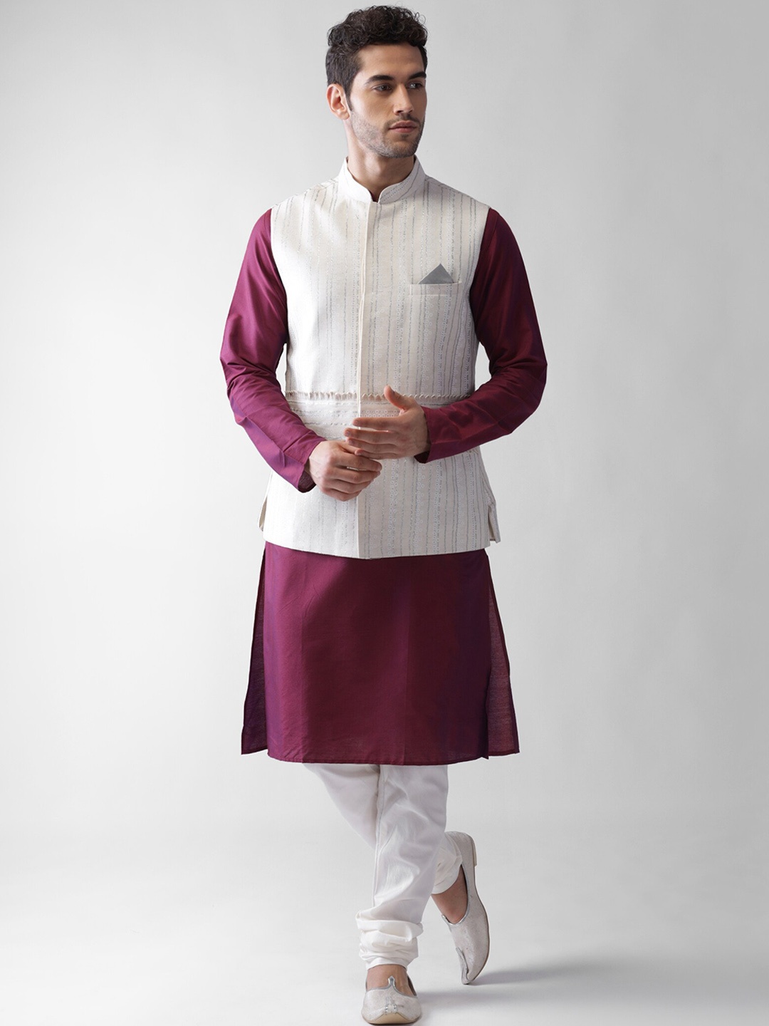 

KISAH Men Geometric Printed Regular Fit Kurta Jacket Churidar Set, White