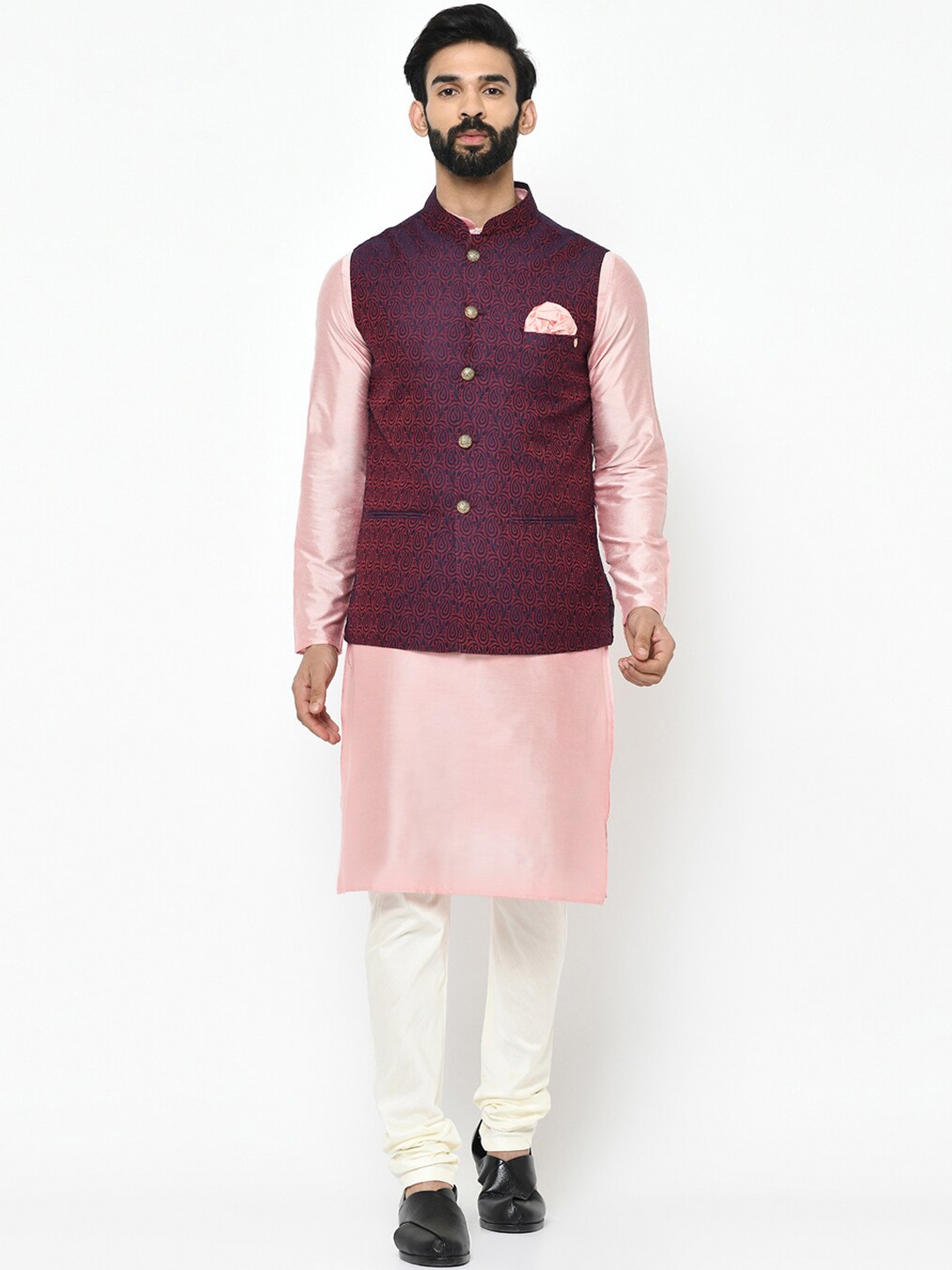 

KISAH Manadarin Collar Regular Kurta with Churidar with Woven Design Nehru Jacket, Pink