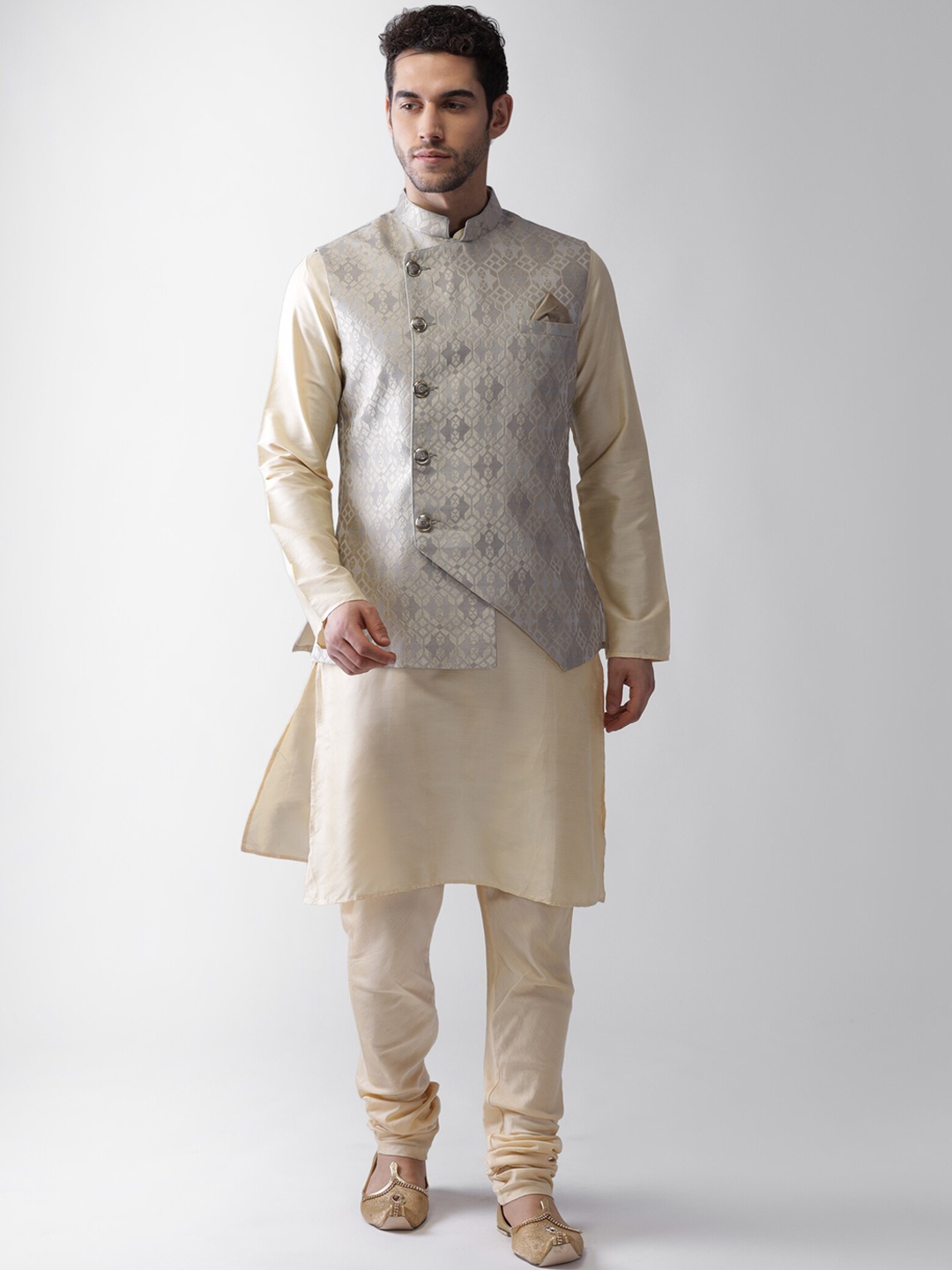 

KISAH Mandarin Collar Regular Straight Kurta With Churidar & Nehru Jacket, Grey