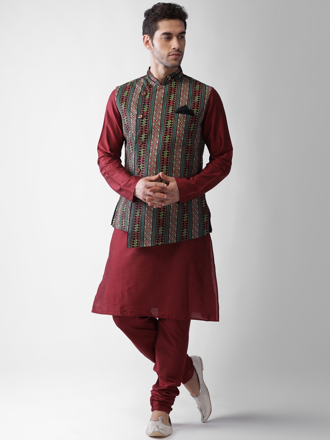 

KISAH Mandarin Collar Kurta with Churidar & Nehru Jacket, Maroon
