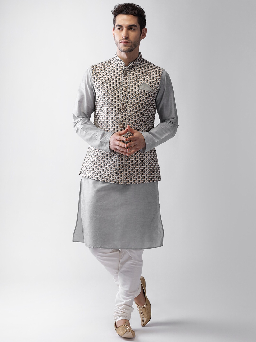

KISAH Mandarin Collar Pure Cotton Kurta with Churidar & Nehru Jacket, Grey