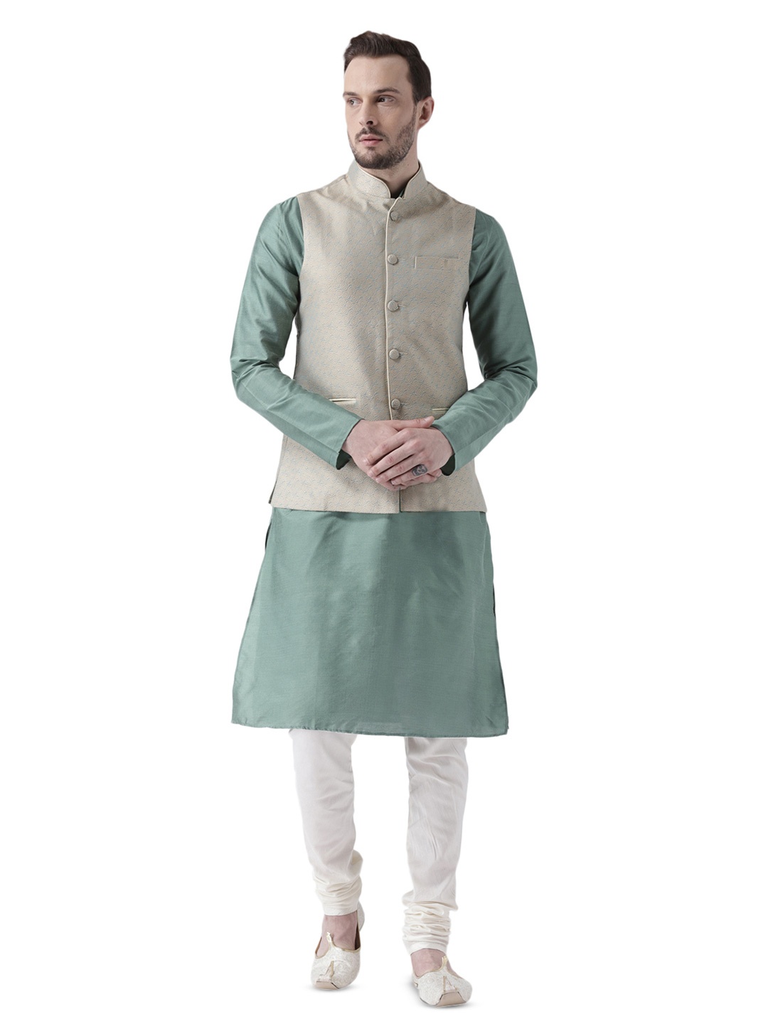 

KISAH Mandarin Collar Regular Straight Kurta With Churidar & Nehru Jacket, Green