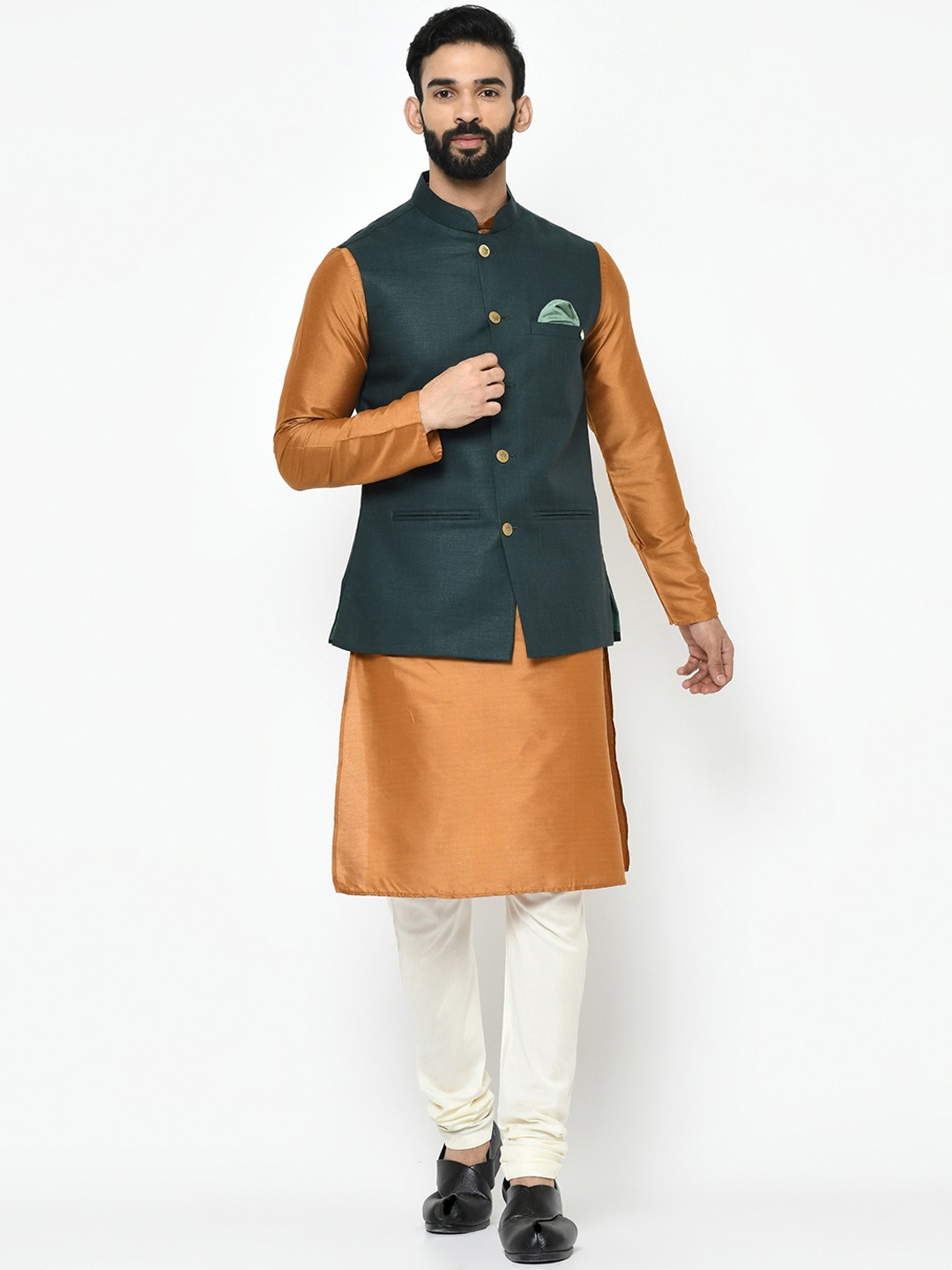 

KISAH Mandarin Collar Kurta with Churidar & Nehru Jacket, Green