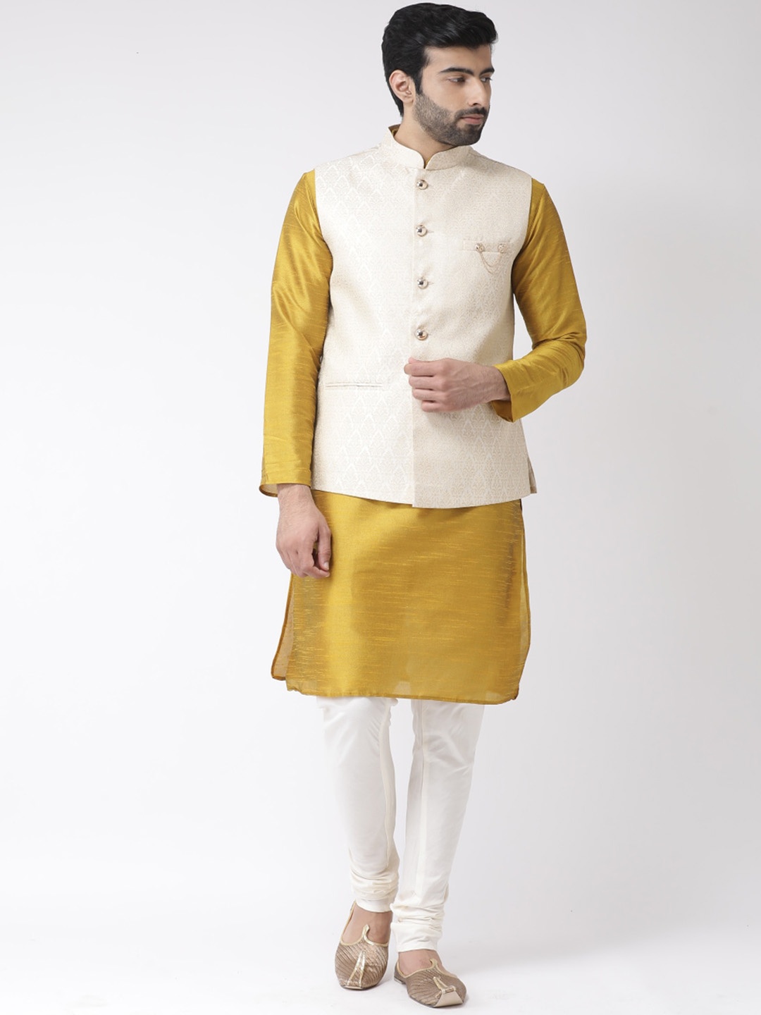 

KISAH Men Mandarin Collar Regular Straight Kurta With Churidar & Jacquard Nehru Jacket Set, Mustard