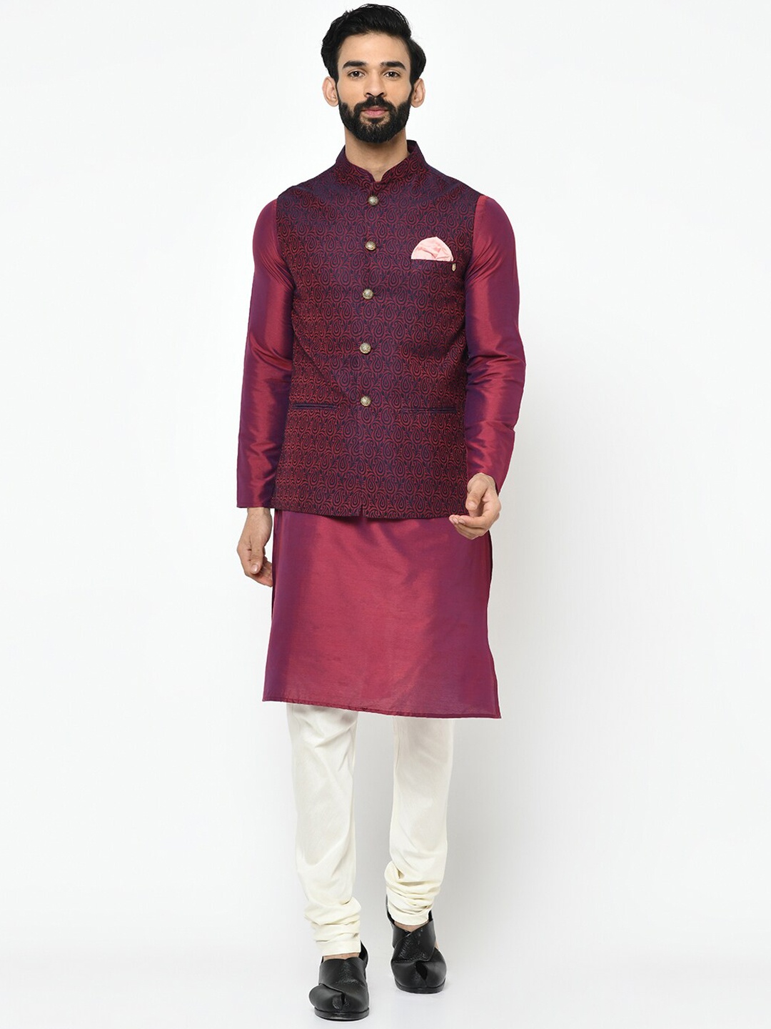 

KISAH Mandarin Collar Kurta with Churidar & Nehru Jacket, Maroon