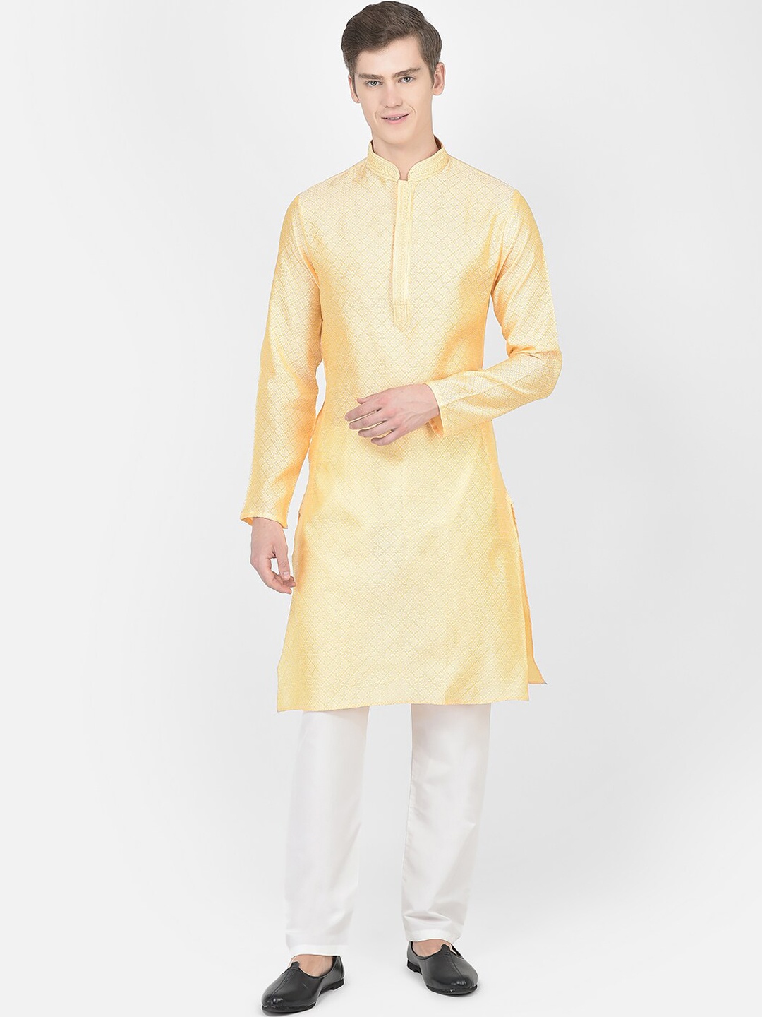 

SG LEMAN Woven Design Mandarin Collar Regular Kurta with Pyjamas, Gold