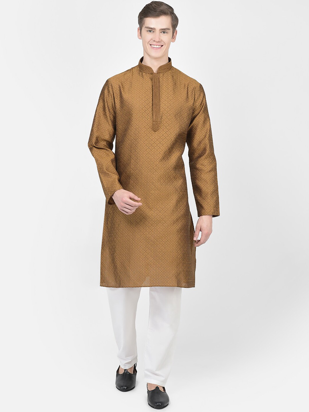 

SG LEMAN Woven Design Mandarin Collar Regular Kurta with Pyjamas, Brown