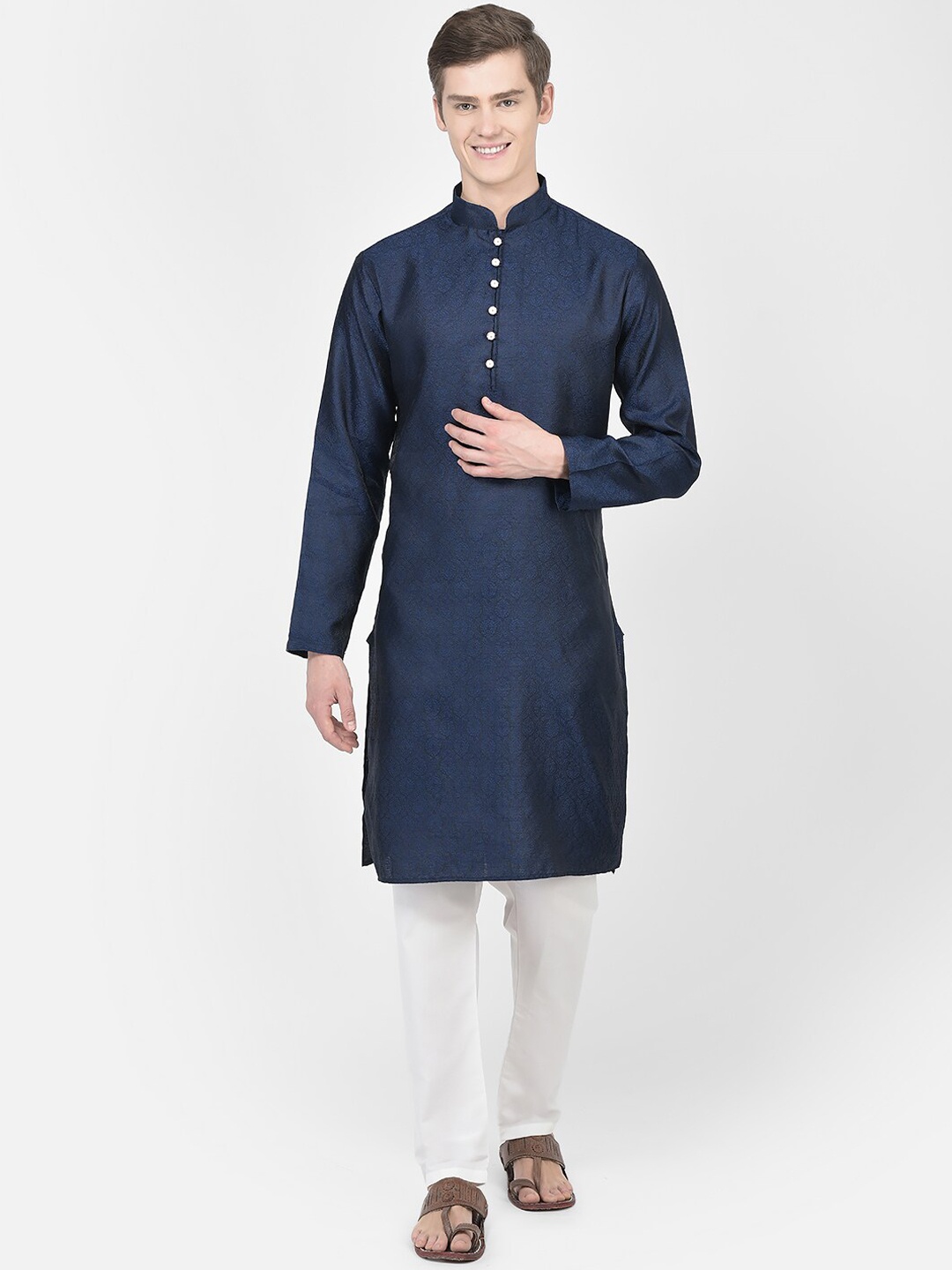 

SG LEMAN Woven Design Mandarin Collar Regular Kurta with Pyjamas, Navy blue