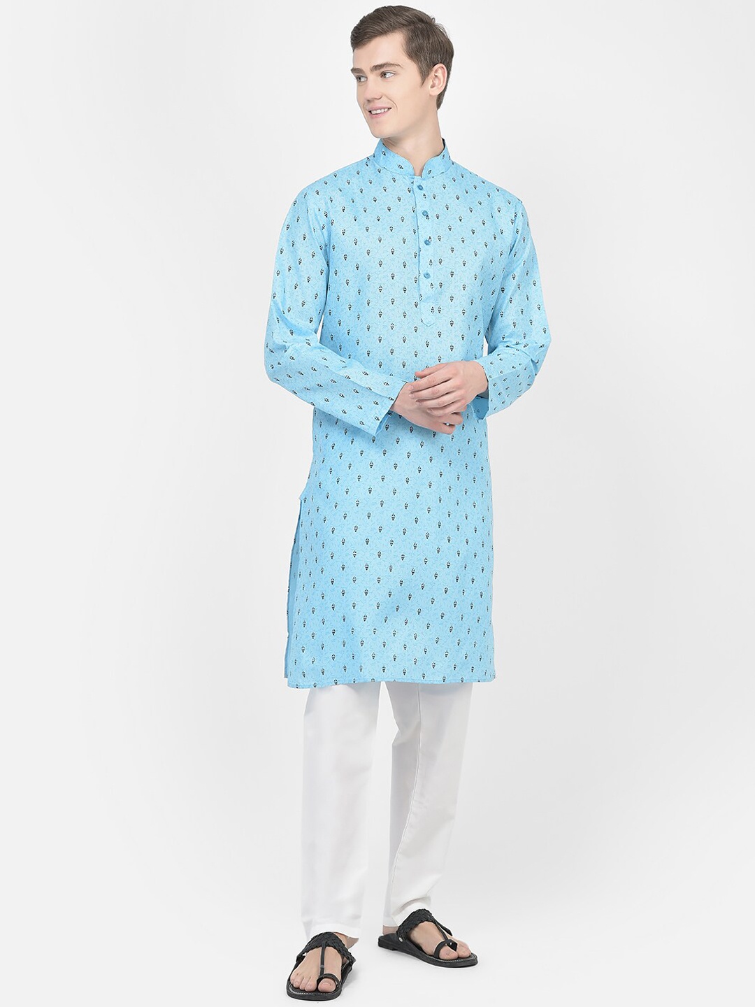 

SG LEMAN Ethnic Motifs Printed Mandarin Collar Kurta with Pyjamas, Turquoise blue