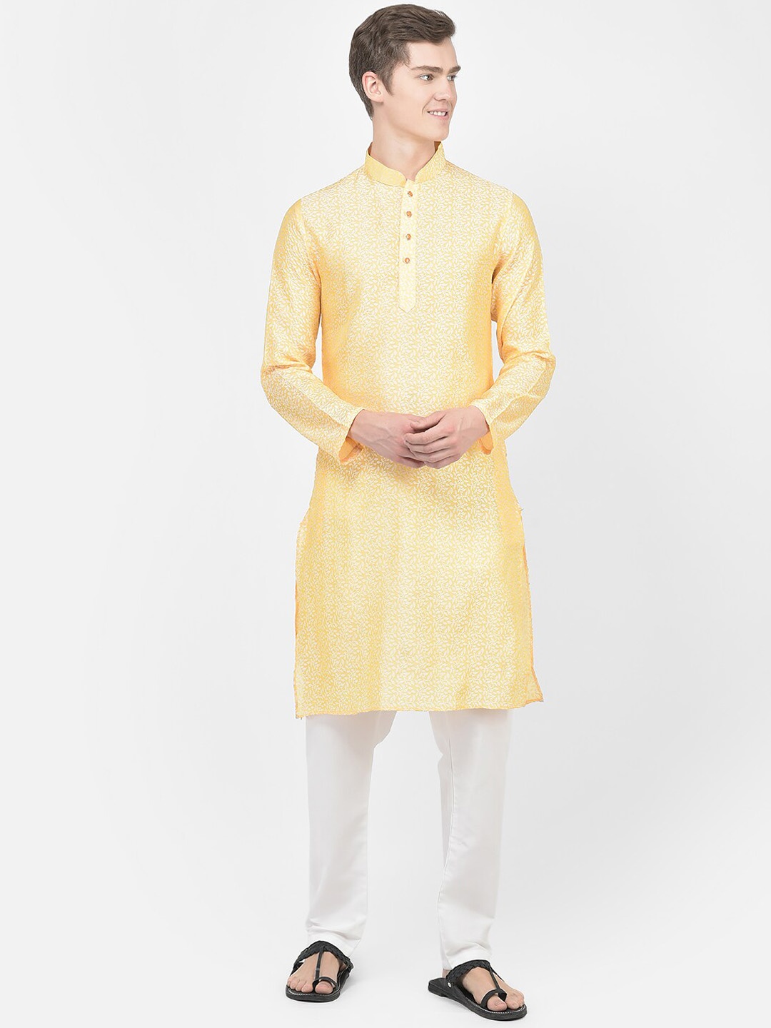 

SG LEMAN Woven Design Mandarin Collar Kurta with Pyjamas, Yellow
