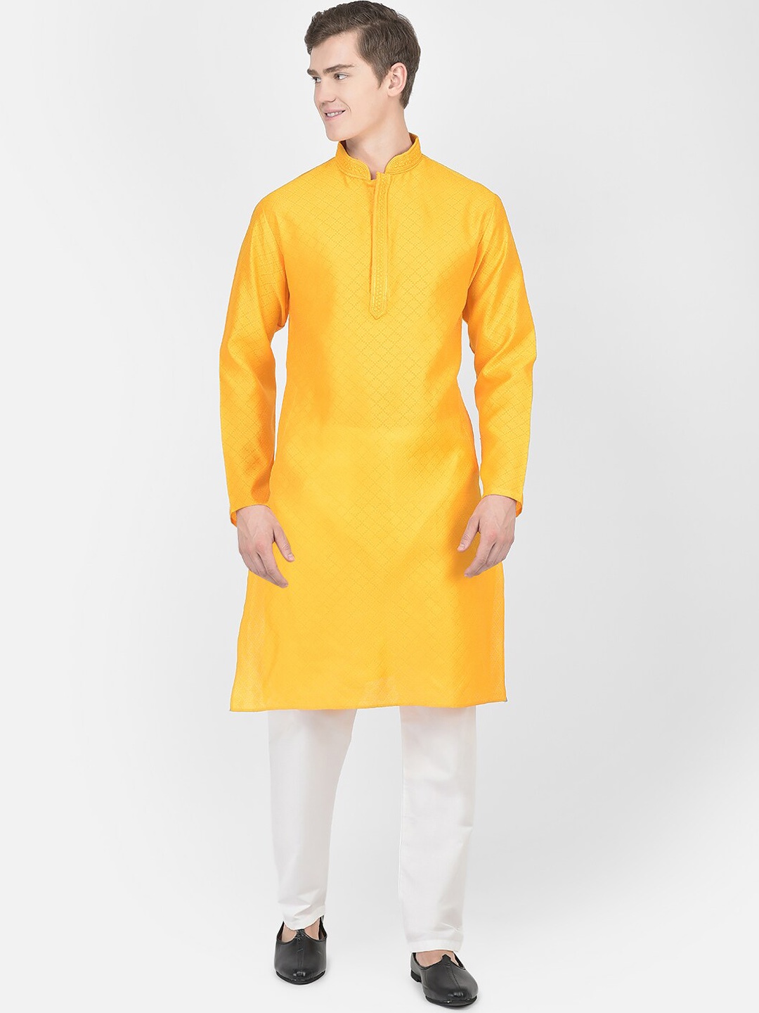 

SG LEMAN Woven Design Mandarin Collar Kurta with Pyjamas, Yellow