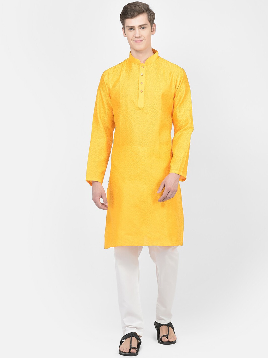 

SG LEMAN Woven Design Mandarin Collar Kurta with Pyjamas, Yellow