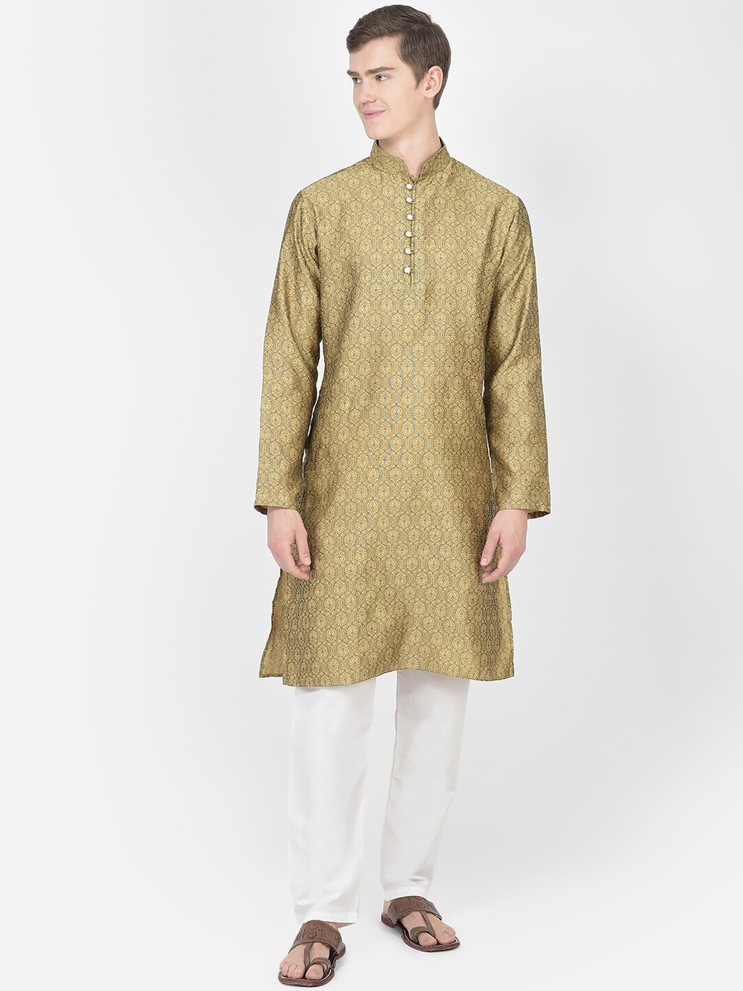 

SG LEMAN Woven Design Mandarin Collar Kurta with Pyjamas, Gold