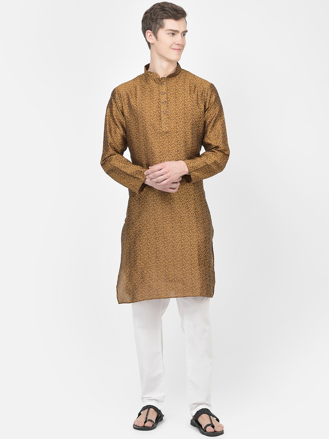 

SG LEMAN Woven Design Mandarin Collar Kurta with Pyjamas, Brown