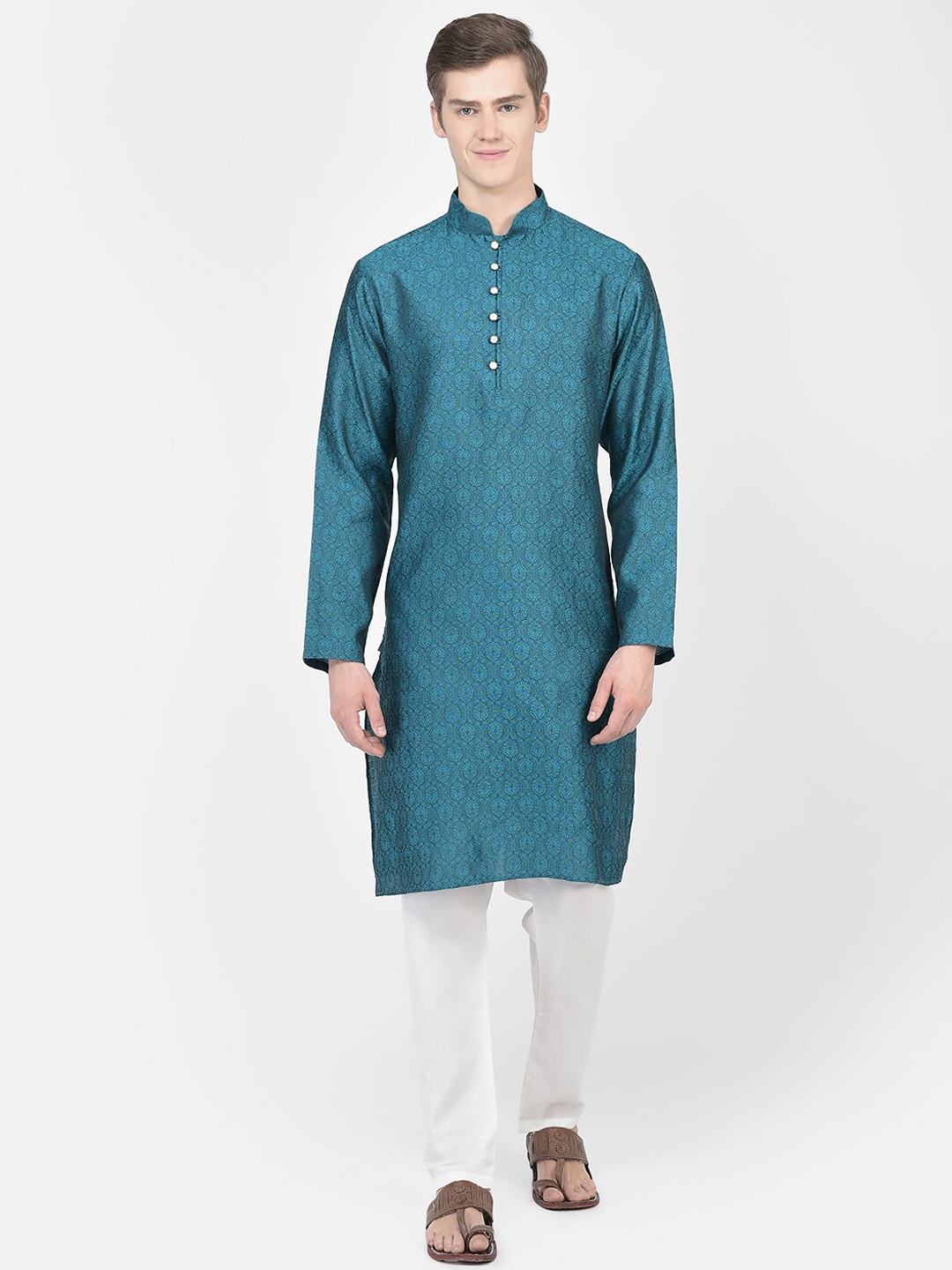 

SG LEMAN Woven Design Mandarin Collar Kurta with Pyjamas, Teal