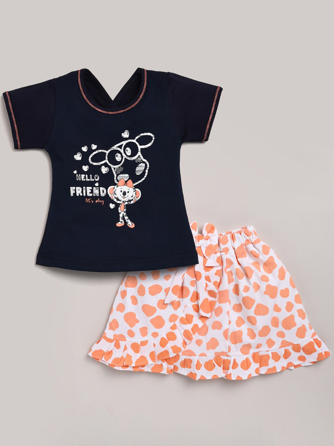

YK Girls Printed Pure Cotton Top With Skirt, Navy blue