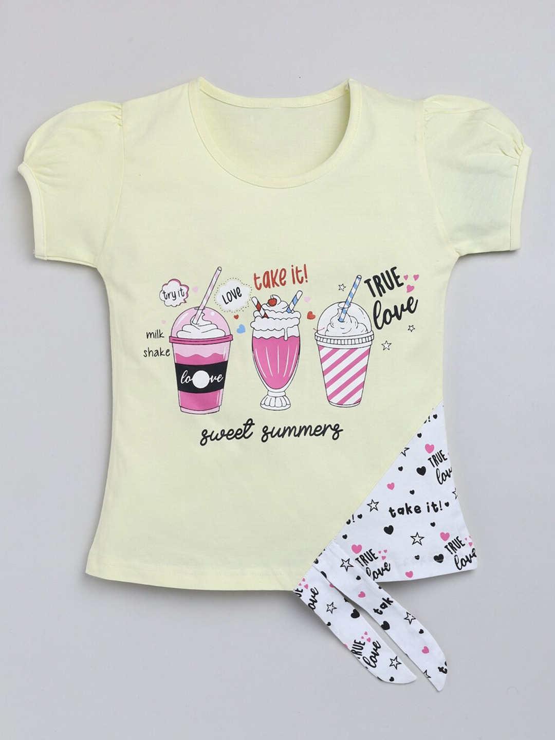

YK Girls Graphic Printed Puff Sleeves Pure Cotton Casual T-shirt, Yellow