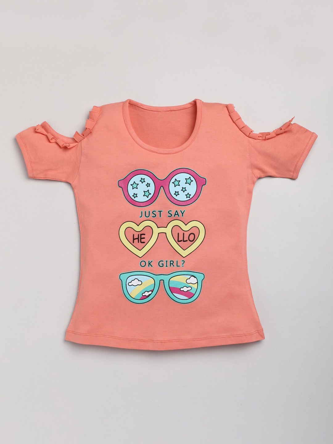 

YK Girls Graphic Printed Cotton Regular Top, Coral