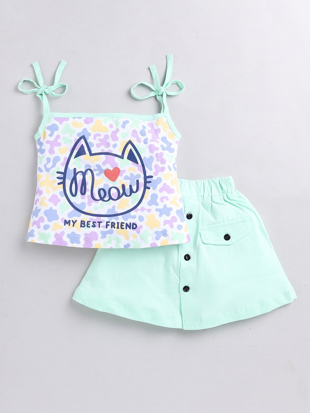 

YK Girls Pure Cotton Printed Top with Skirt, Sea green
