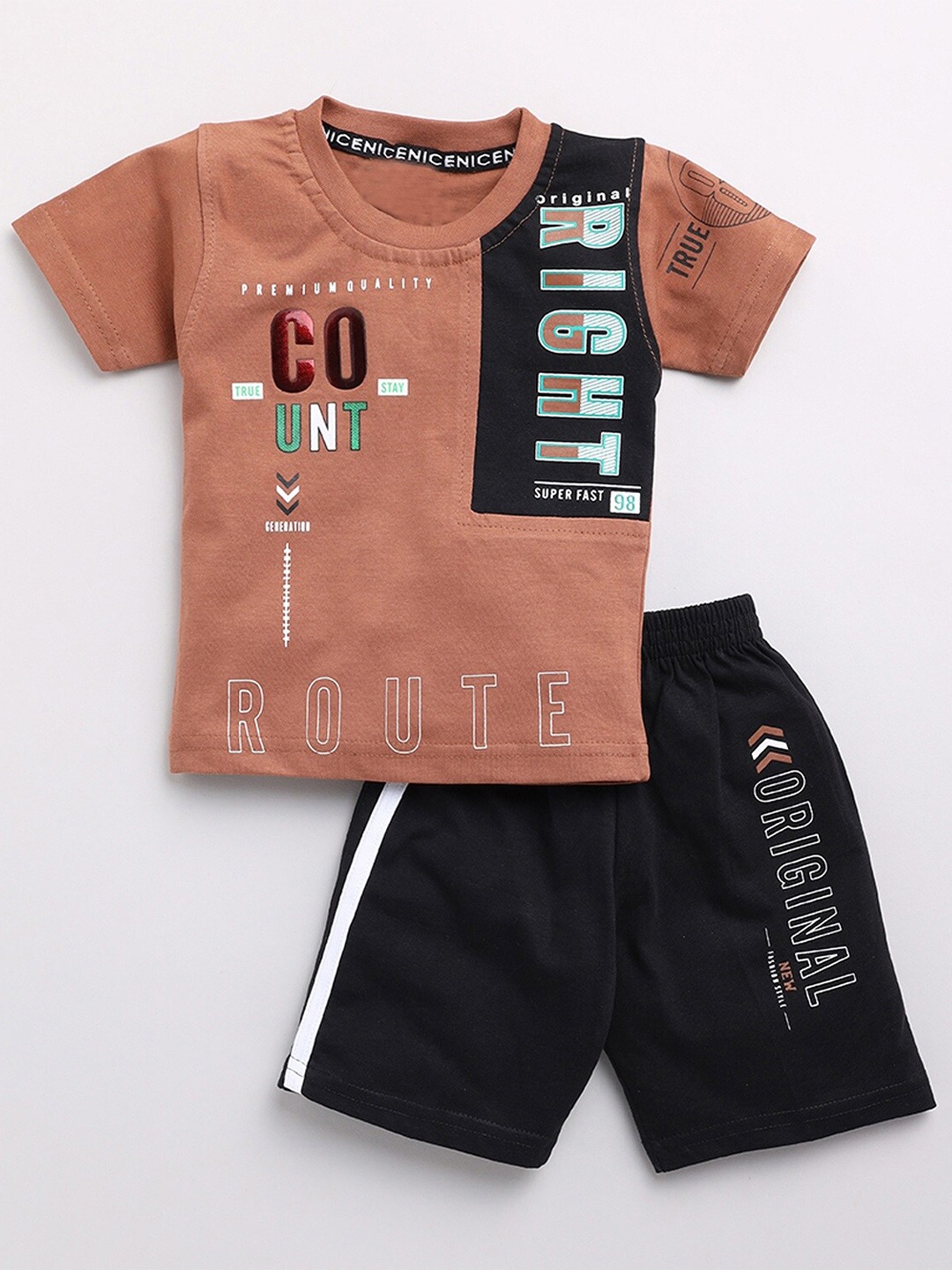 

YK Boys Printed Pure Cotton T-shirt with Shorts, Brown