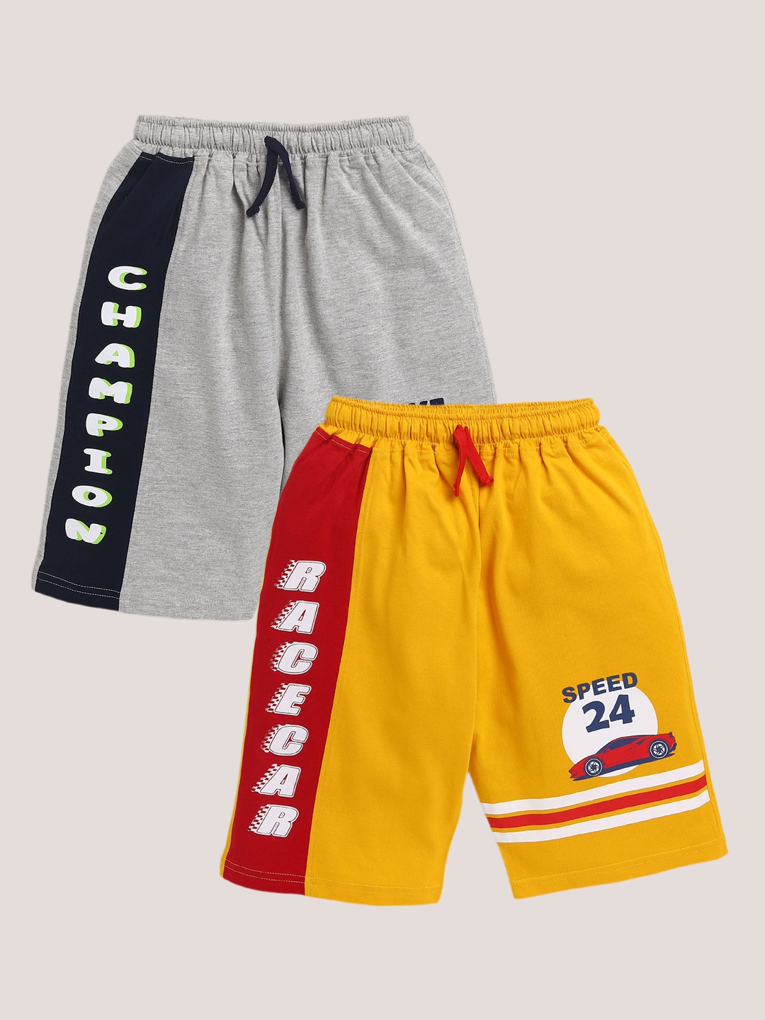 

YK Boys Pack Of 2 Typography Printed Knee Length Pure Cotton Shorts, Yellow