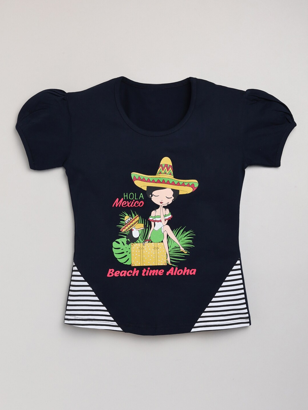 

YK Girls Graphic Printed Cotton Regular Top, Navy blue