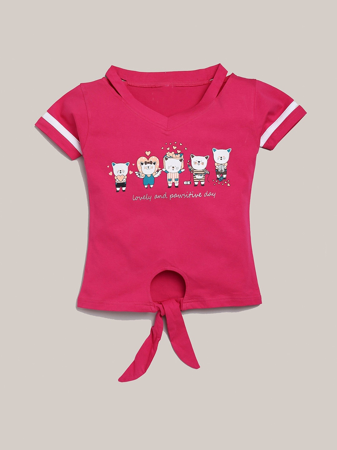 

YK Girls Graphic Printed Cut Out Detail Cotton Regular Top, Fuchsia