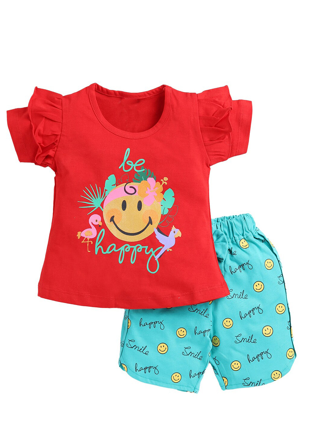 

YK Girls Printed Pure Cotton Top with Shorts, Red
