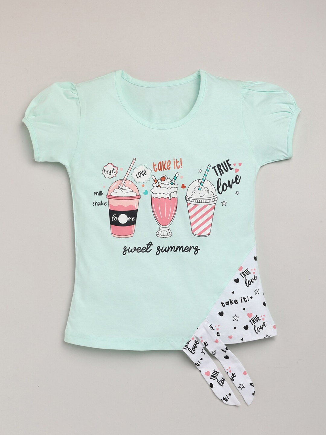 

YK Girls Graphic Printed Cotton Regular Top, Sea green