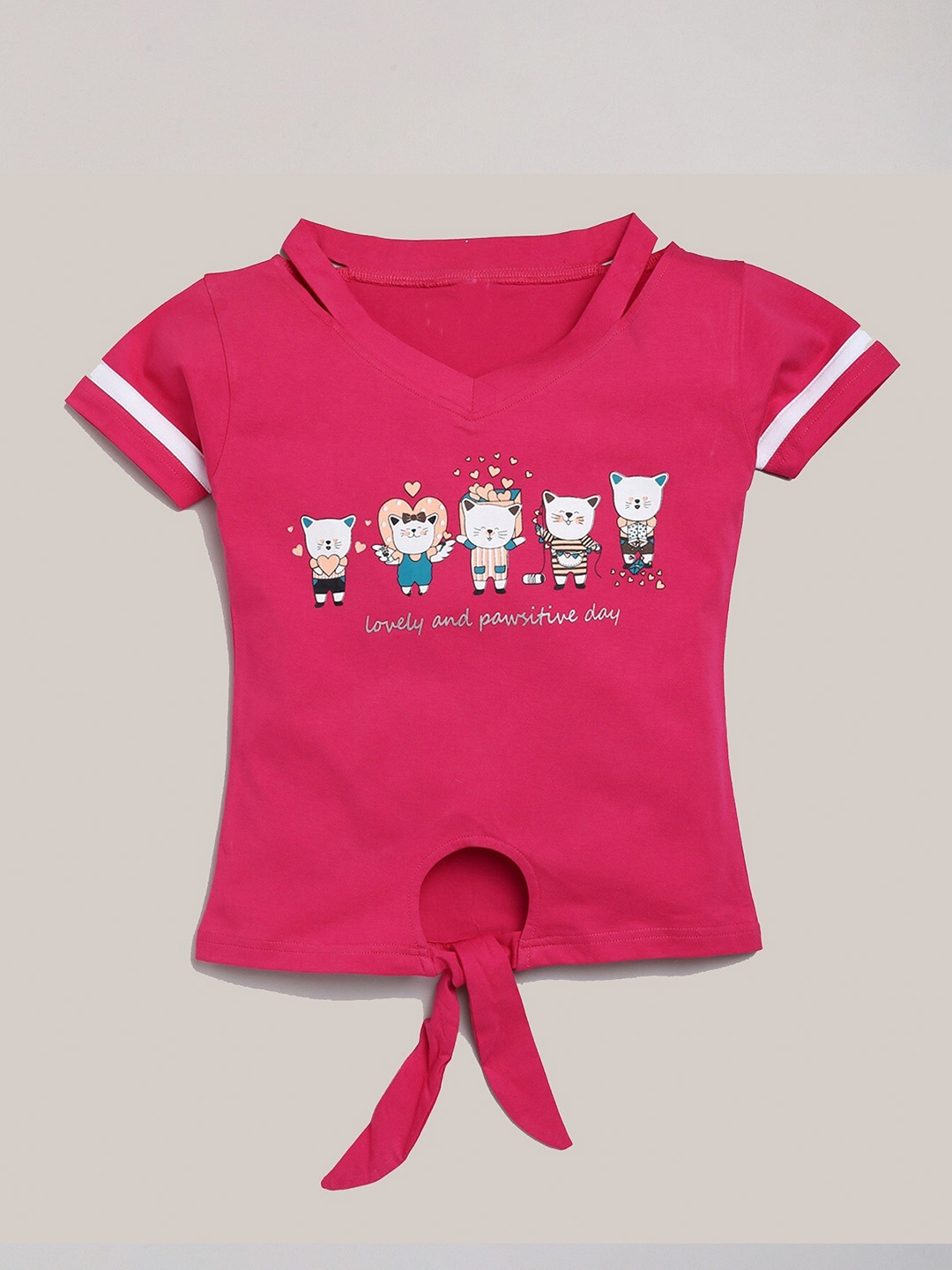 

YK Girls Graphic Printed Cut Out Details Cotton Regular Top, Fuchsia