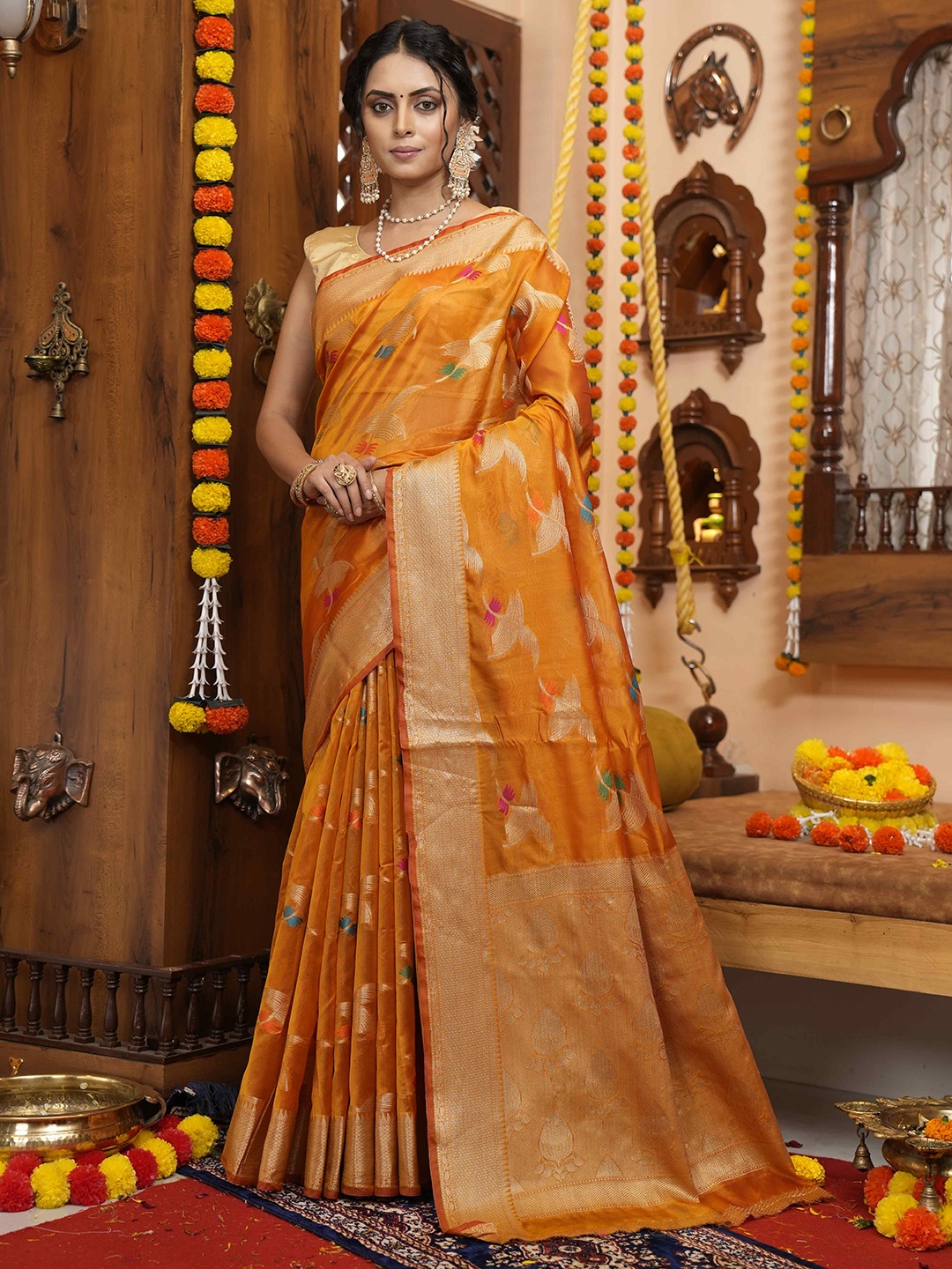 

elora Floral Woven Design Zari Organza Bhagalpuri Saree, Mustard