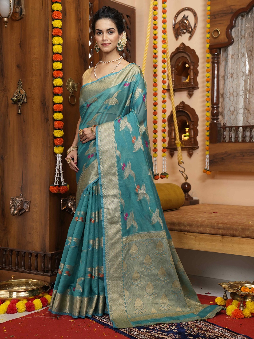 

elora Floral Woven Design Zari Organza Bhagalpuri Saree, Blue