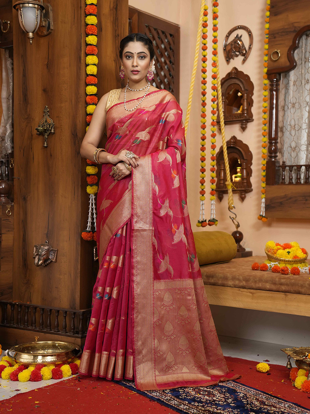 

elora Floral Woven Design Zari Organza Bhagalpuri Saree, Pink