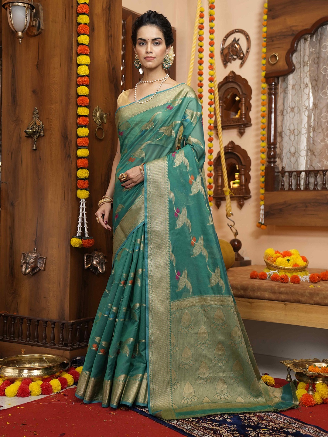 

elora Floral Woven Design Zari Organza Bhagalpuri Saree, Turquoise blue
