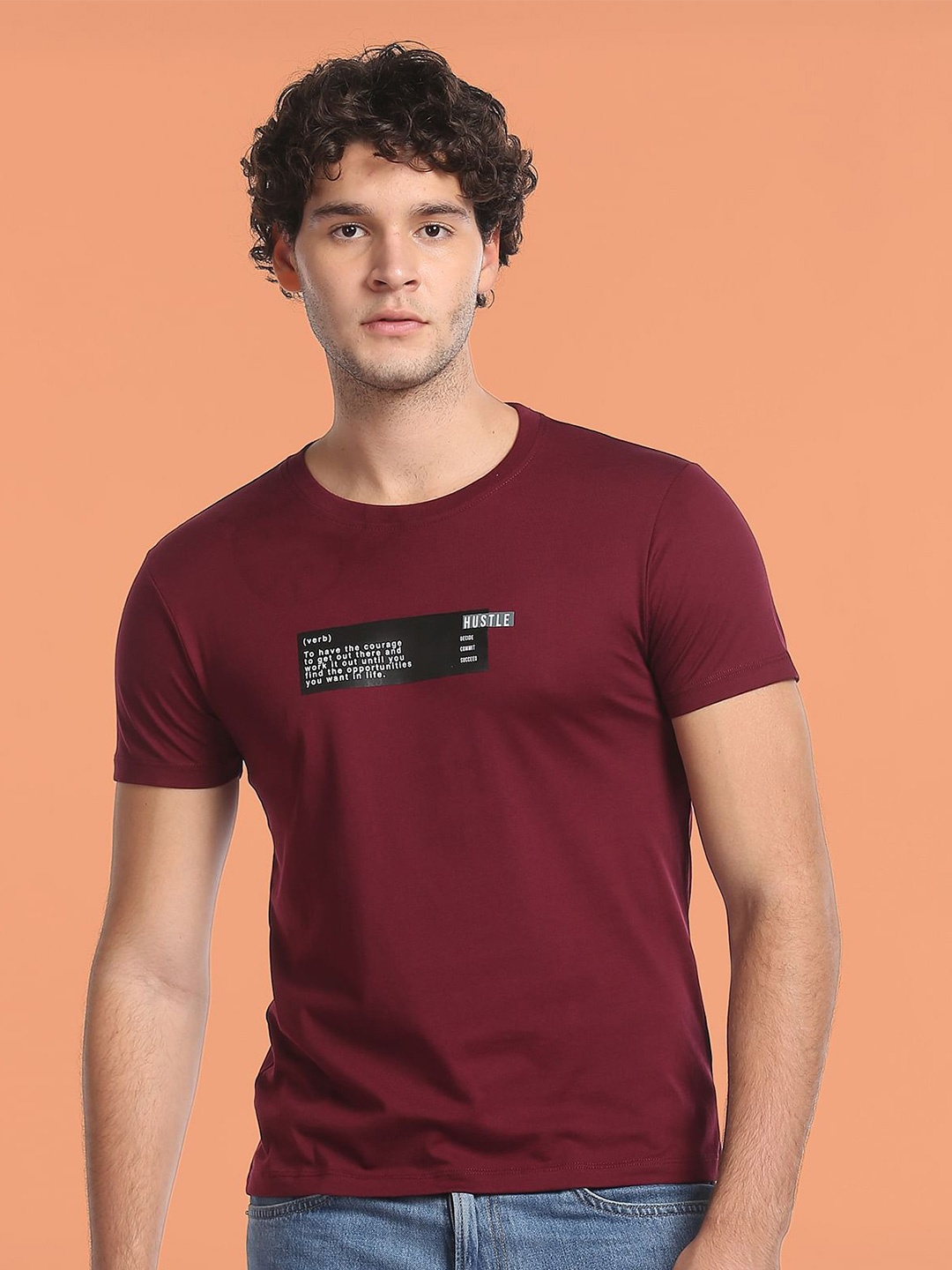 

Flying Machine Slim Fit Typography Printed Casual Cotton T-shirt, Maroon