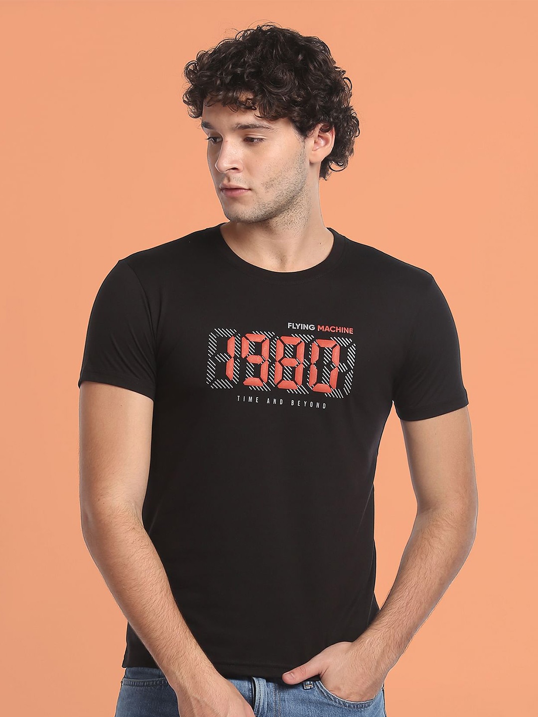 

Flying Machine Slim Fit Typography Printed Casual Cotton T-shirt, Black