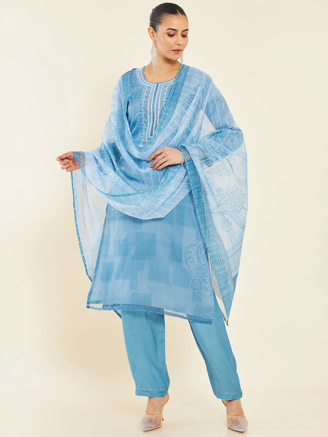 

Soch Blue & White Printed Unstitched Dress Material