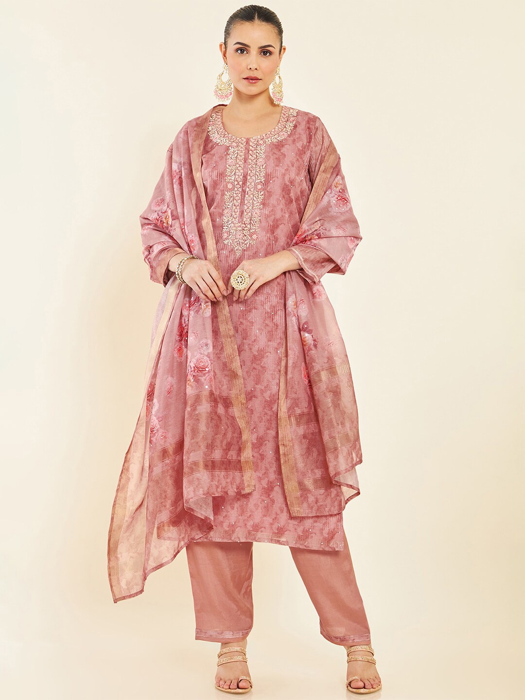 

Soch Peach Printed Unstitched Dress Material