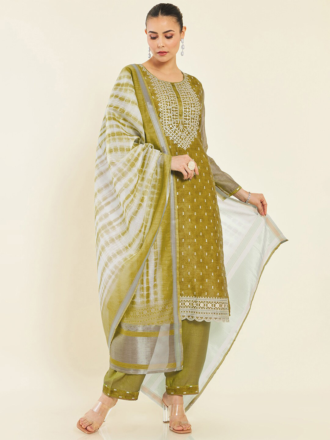 

Soch Green & Grey Embroidered Unstitched Dress Material