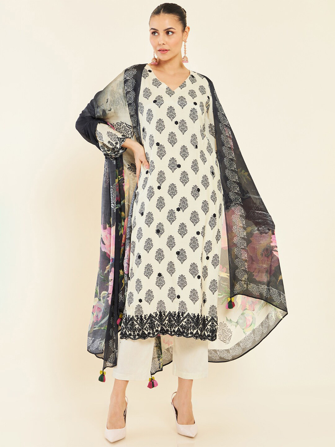 

Soch Cream-Coloured & Black Printed Unstitched Dress Material
