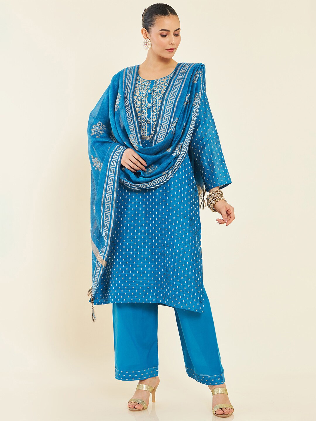 

Soch Blue & Cream-Coloured Unstitched Dress Material